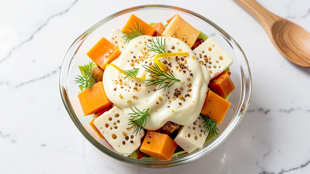 Aunt Myrna's Party Cheese Salad Recipe: Crunchy Croutons and Tangy Dressing Balance