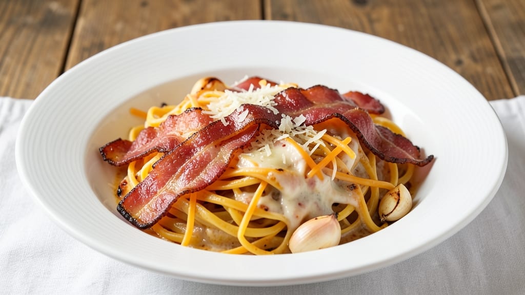 Bacon and Cheese Pasta Recipe: Smoky Crispy Bacon Bites Over Al Dente Noodles