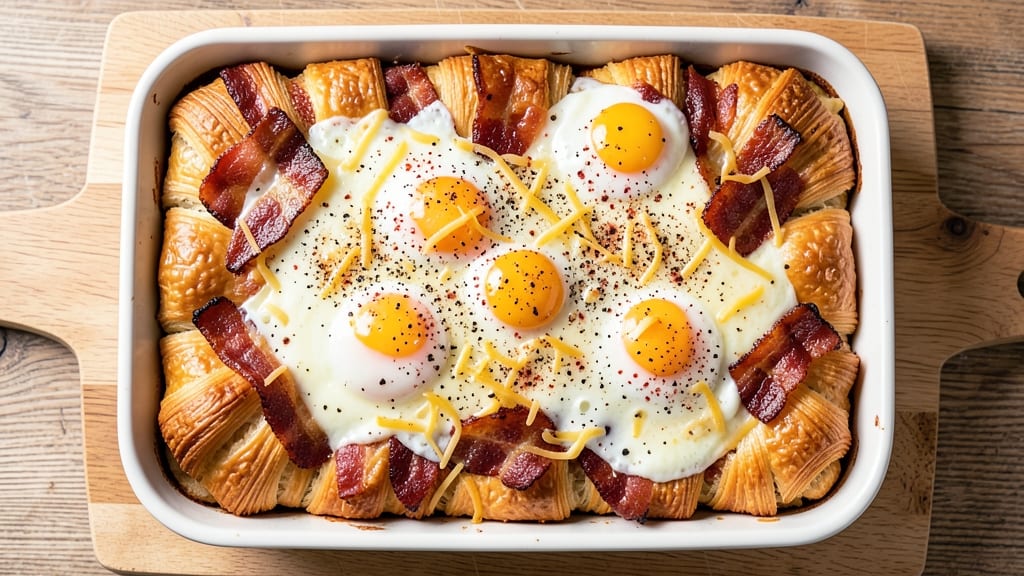 Bacon, Egg, and Cheese Croissant Casserole Recipe: Flaky Layers and Runny Yolk Magic