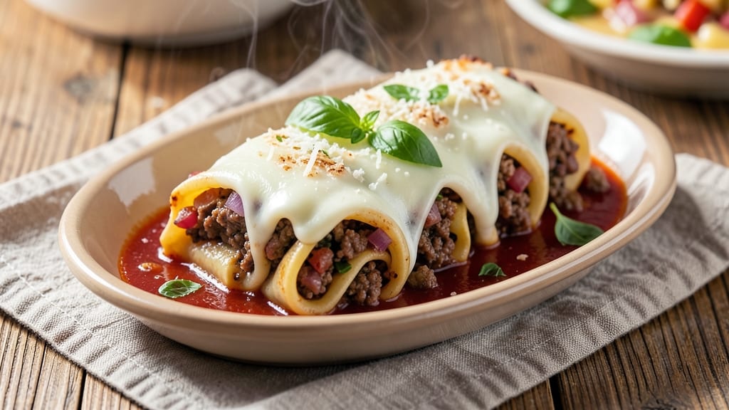 Beef and Cheese Cannelloni Recipe: Baked Pasta Layers With Gooey Cheese Rivers