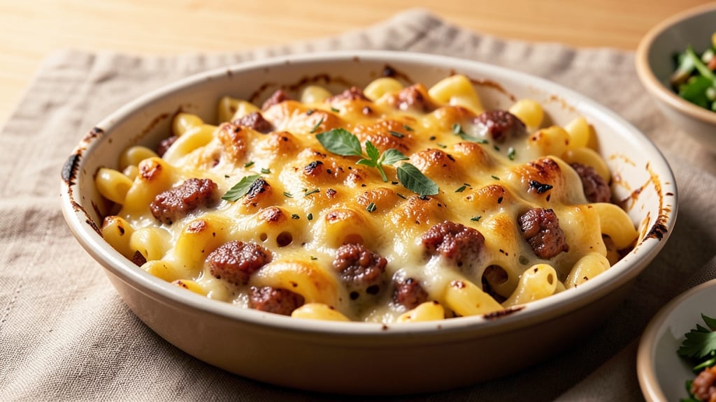 Baked Macaroni and Cheese With Sausage Recipe: Breakfast Brunch Crispy Top, Savory Bite