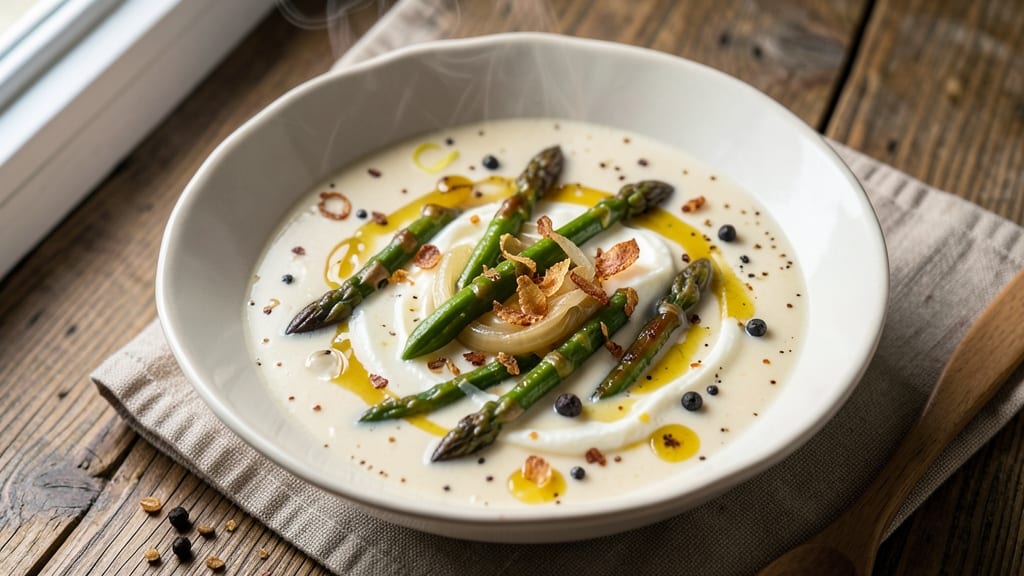 Asparagus Cheese Soup Recipe: Velvety Green Broth With Crispy Herb Garnish