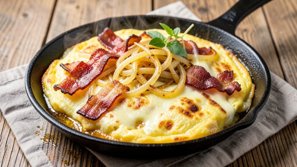 Bacon Cheese Onion Omelette Recipe: Crispy Bacon Bites and Caramelized Onion Layers