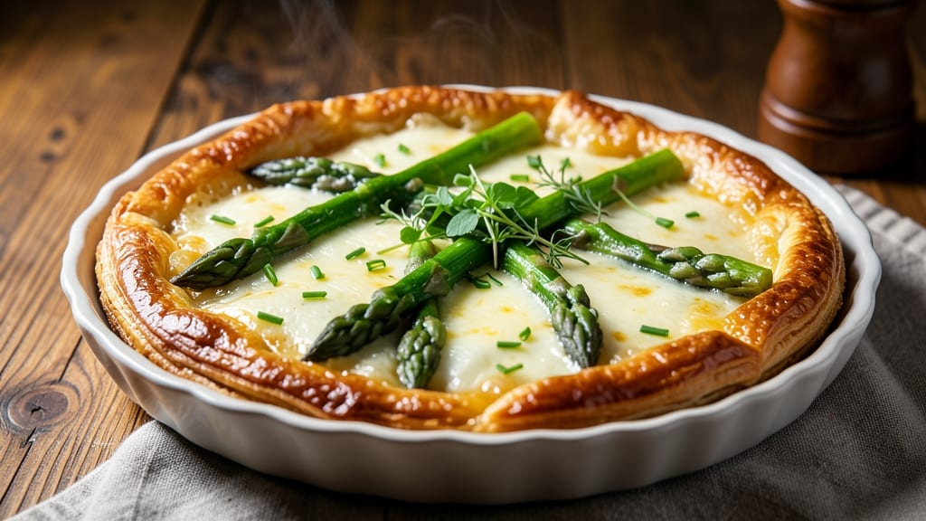 Asparagus and Cheese Tart Recipe: Flaky Pastry with Crispy Top and Herbed Cheese Swirls