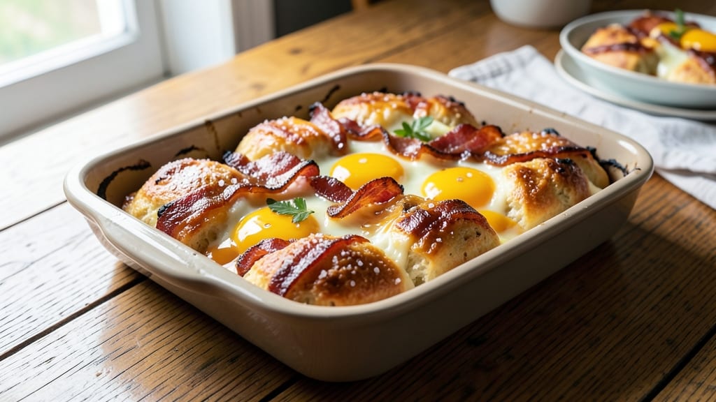 Bacon, Egg, and Cheese Biscuit Bake Recipe: Crispy-Topped Breakfast Stacks in One Pan