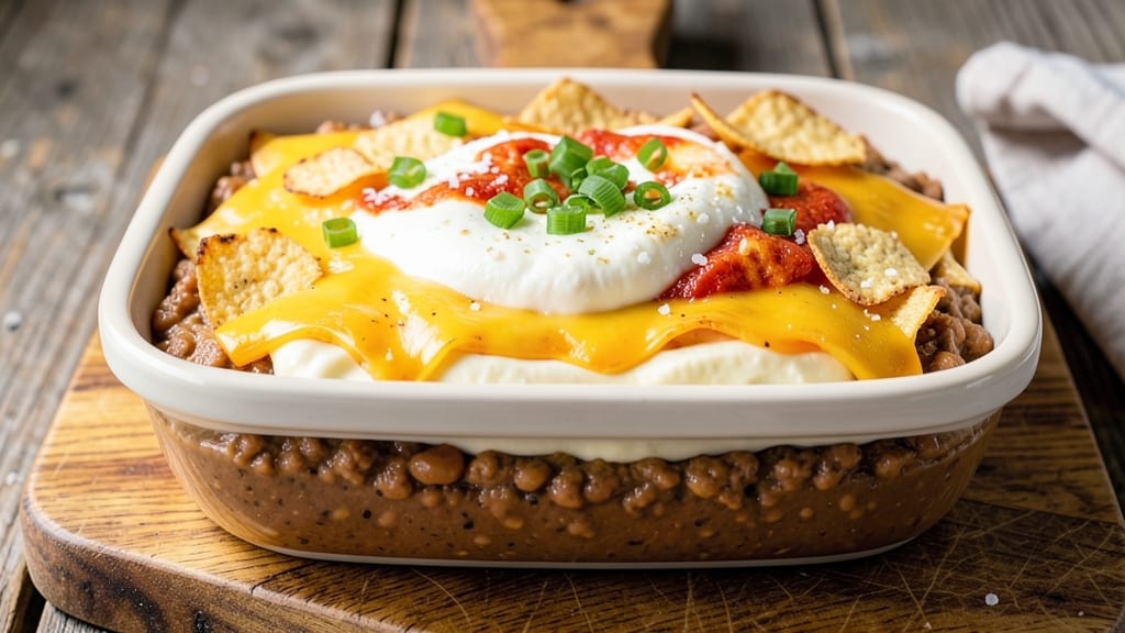 7 Layer Cheese Dip Recipe: Baked to Bubbly Golden Crust