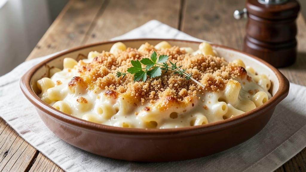 Baked White Cheddar Mac and Cheese Recipe with Bread Crumbs: Crispy Crown Over Gooey, Stretchy Pulls